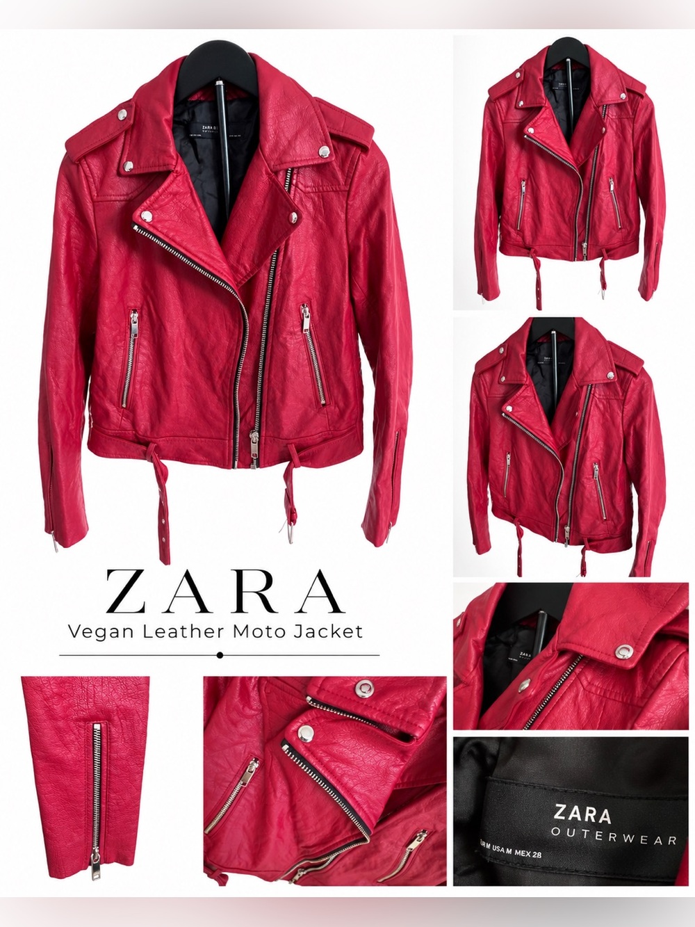 Zara Red Moto Biker Jacket Size Medium Vegan Leather